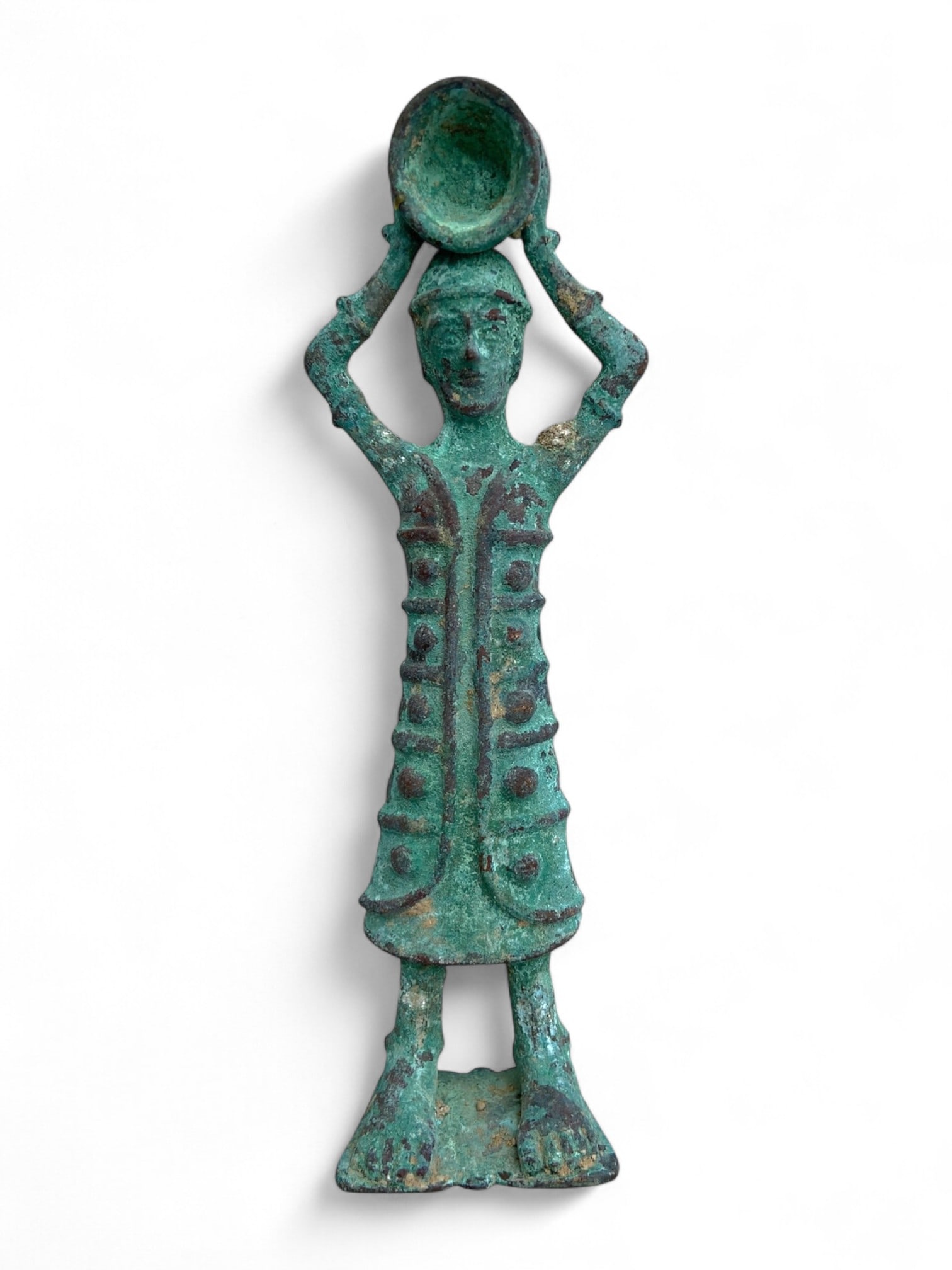 Ancient Luristan Bronze Female Votive Figure Holding Vessel, c. 9th-7th Century BCE, 113g: This striking bronze figure originates from ancient Luristan, a region in the western Zagros Mountains of Iran known for its powerful metalworking tradition during the early Iron Age. Dating to the 9t