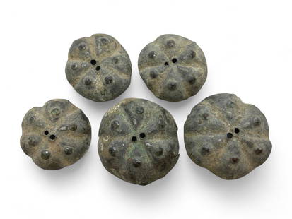 Ancient Medieval Viking Starburst Hacksilver Dome Set, Bronze Alloy, c. 9th-11th Century CE, 13g: This intriguing collection of five bronze dome-shaped elements, believed to be fragments of Viking hacksilver, offers a rare glimpse into the practical and symbolic economy of Norse society during the