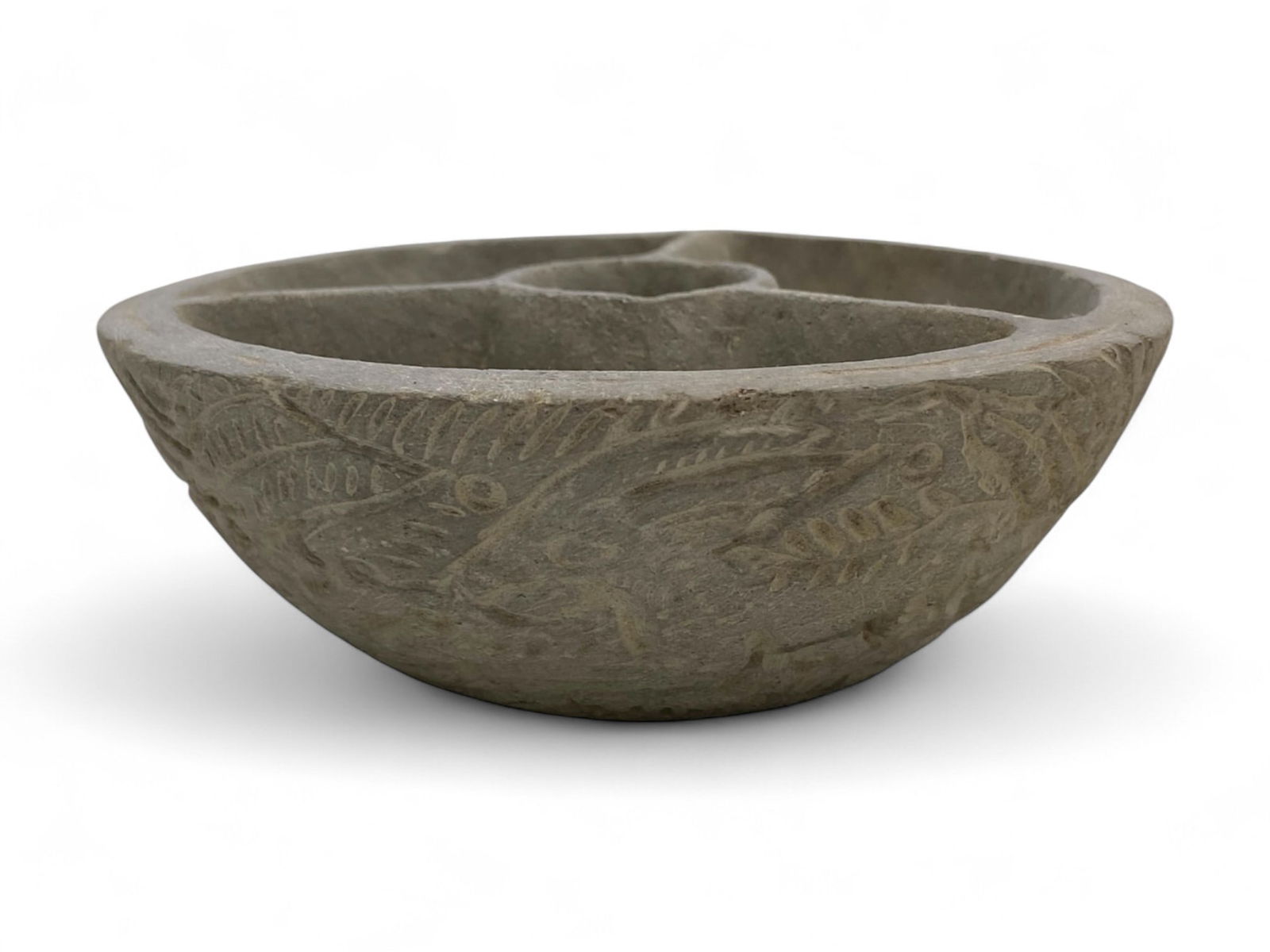 Ancient Jiroft Ritual Fish Motif Schist Bowl with Triple Chamber, c. 3rd Millennium BCE, 495g (1 of 6)