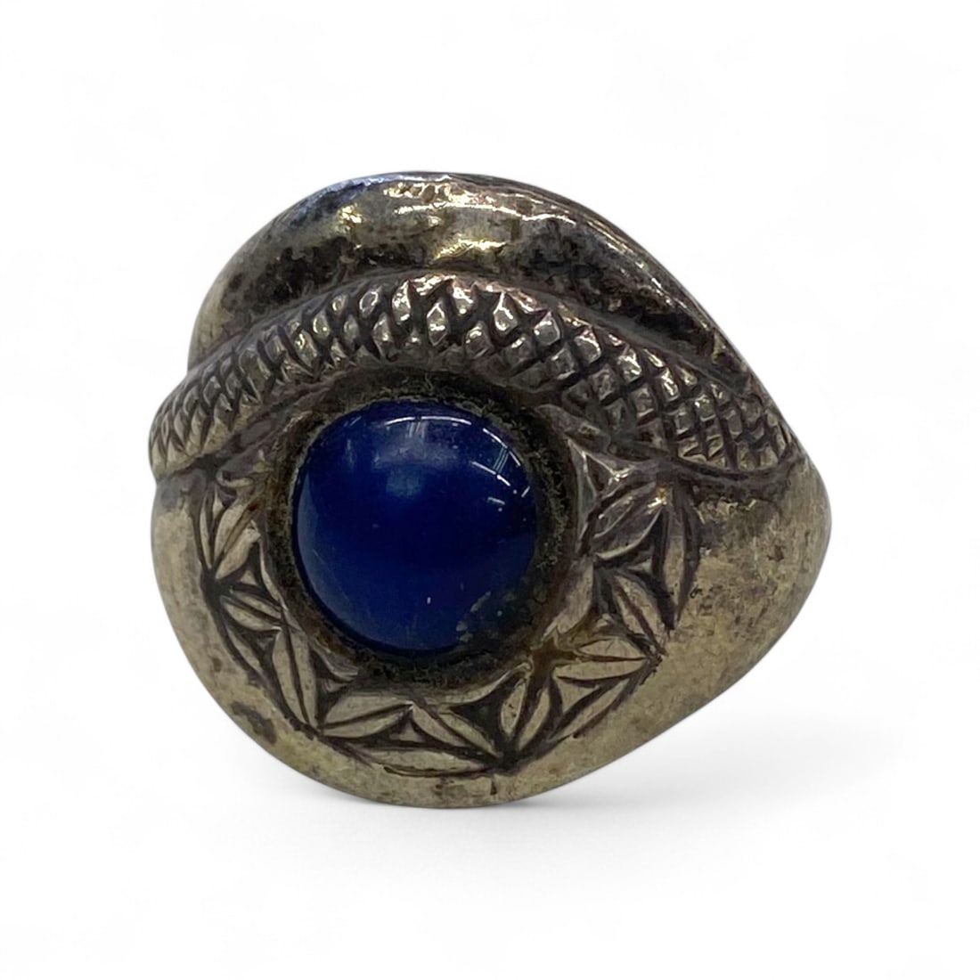 Antique Central Asian Ouroboros Motif Lapis Lazuli Bronze Ring, c. Early 20th Century, 8g, US 5.5 (1 of 5)