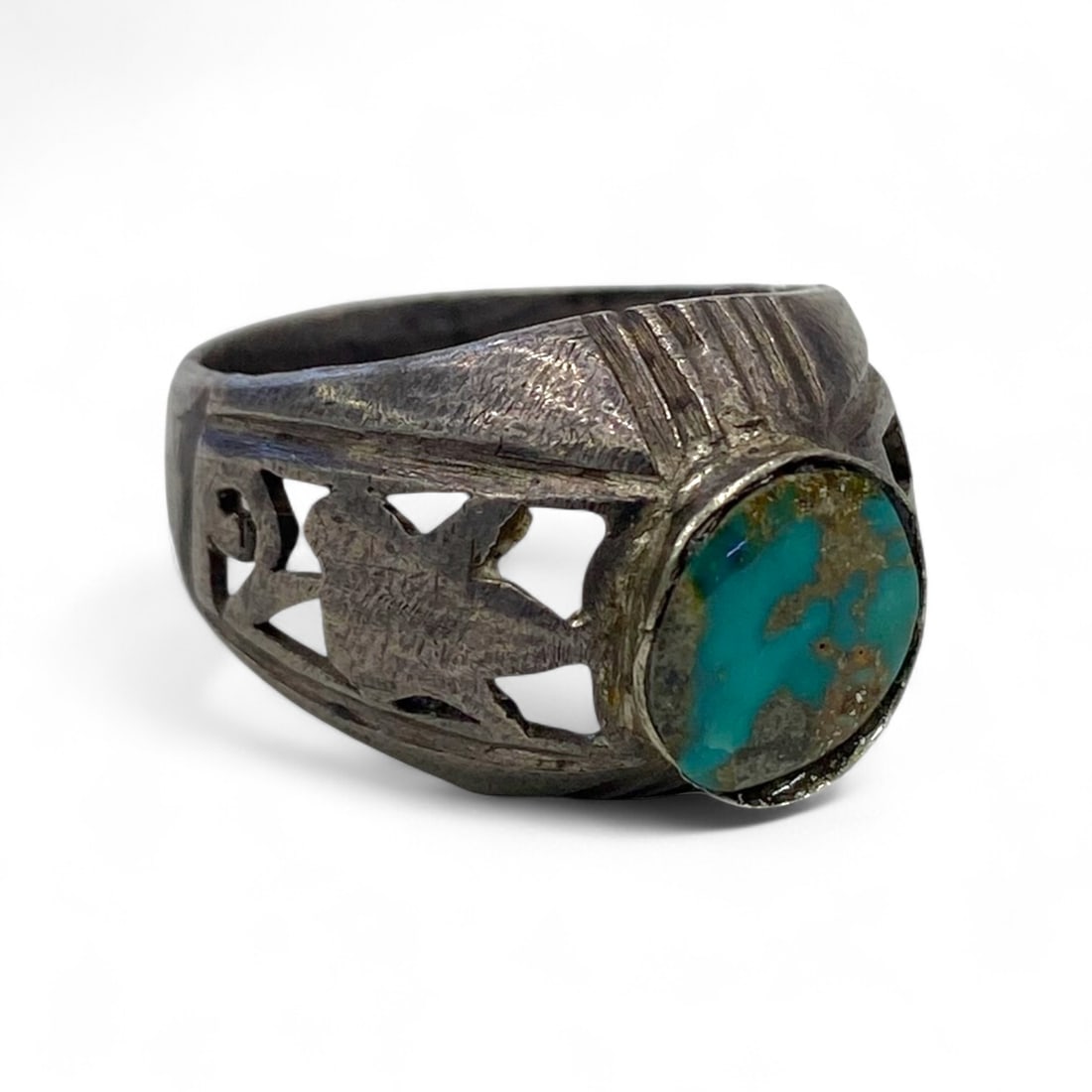 Antique Navajo Thunderbird Turquoise Set Symbolic Silver Ring, c. Early 20th Century, 6g, US 8 (1 of 4)
