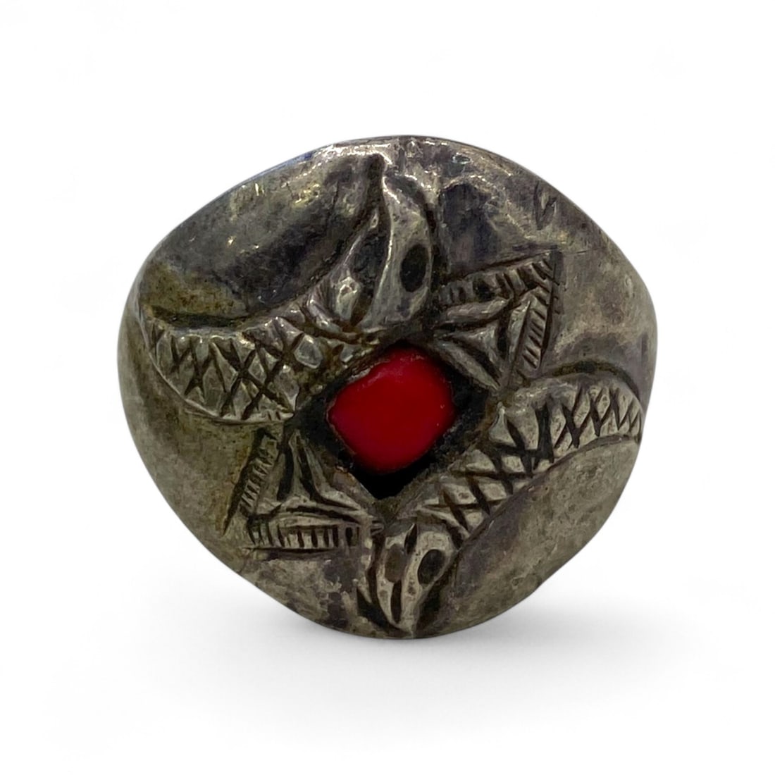 Antique Balkan Double Serpent Red Coral Talismanic Silver Ring, c. Early 20th Century, 8g, US 7 (1 of 5)