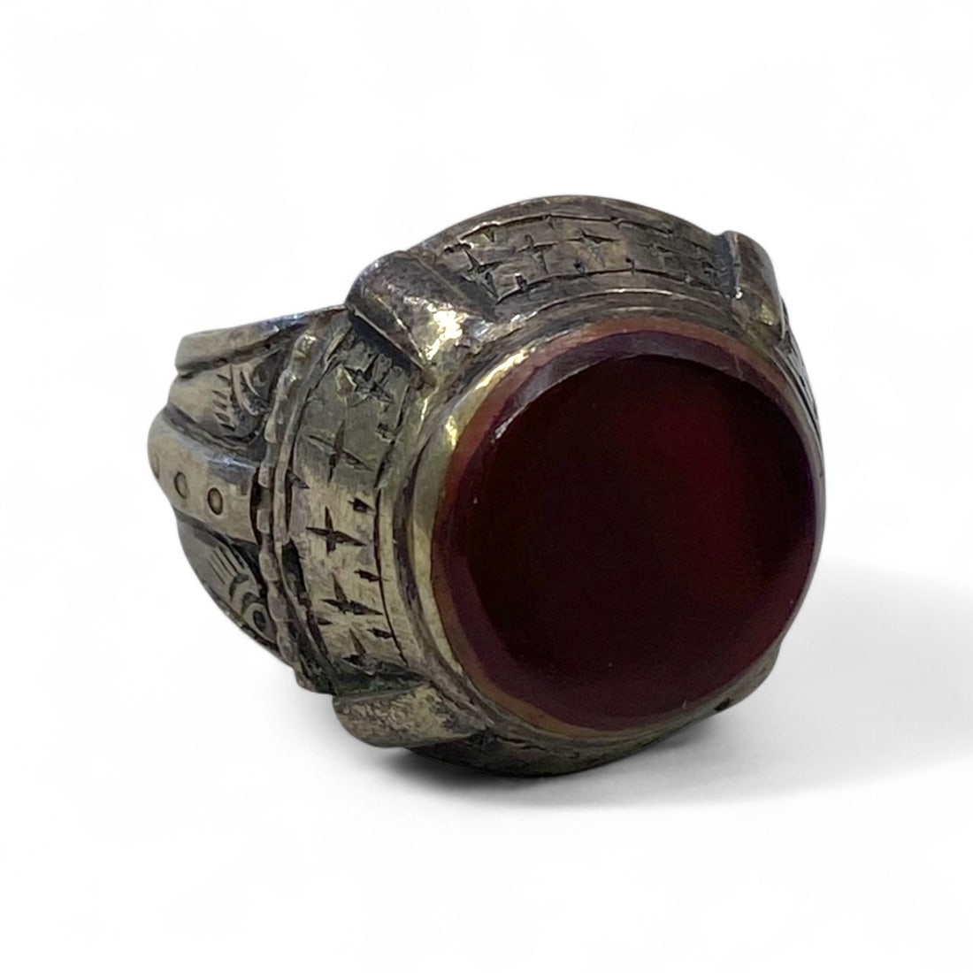 Antique Tuareg Geometric Carnelian Silver Ring, c. Early 20th Century, 9g, US 8 (1 of 4)