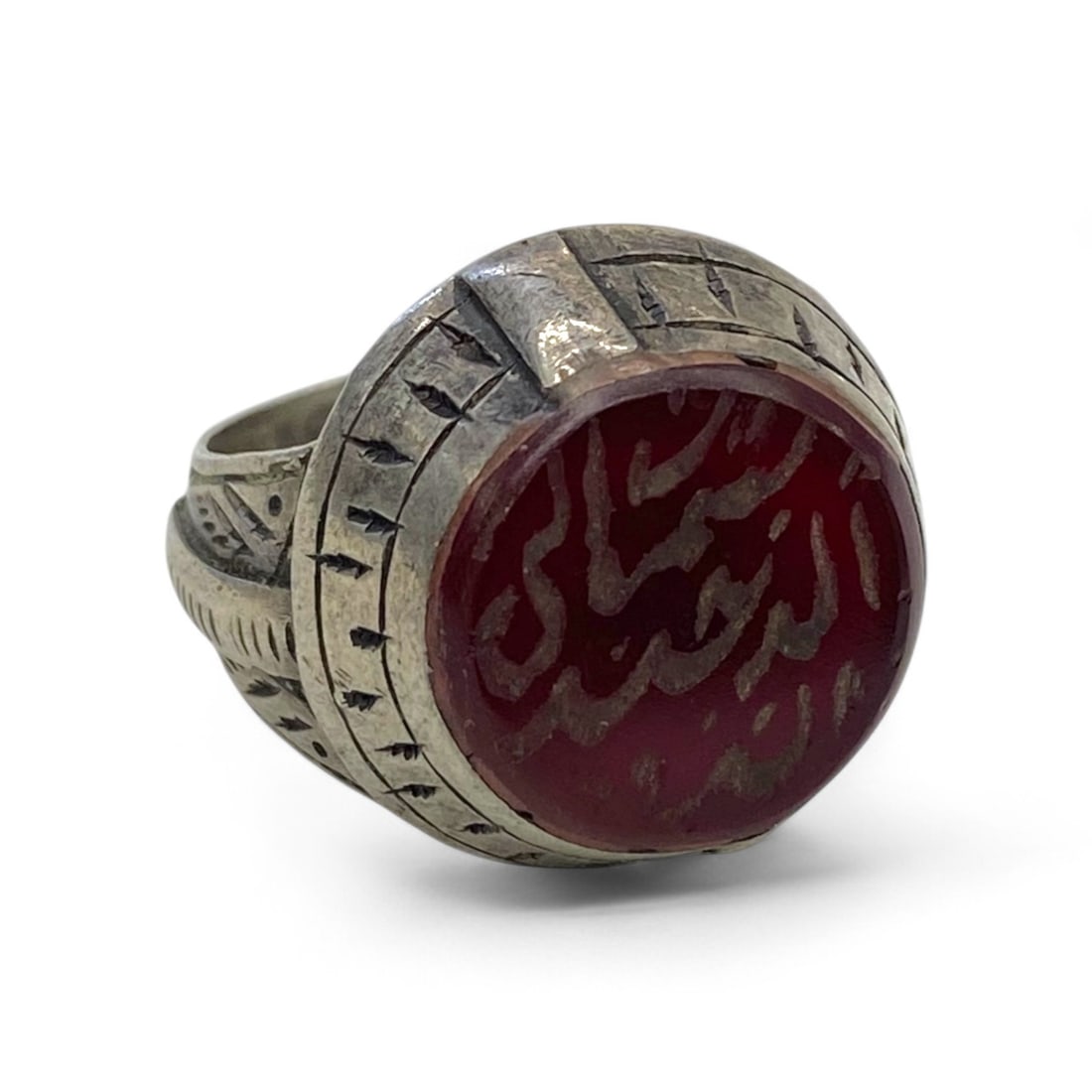Antique Islamic Calligraphic Carnelian Intaglio Silver Ring, c. Early 20th Century, 8g, US 8 (1 of 4)