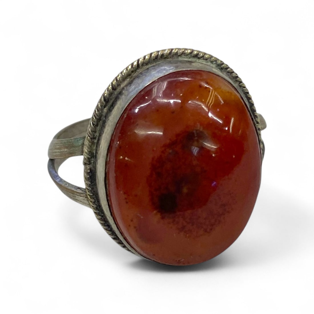 Antique Levantine Braided Bezel Carnelian Silver Ring, c. Early 20th Century, 7g, US 9 (1 of 4)