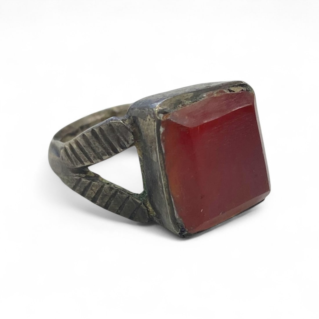 Antique Central Asian Carnelian Square-Cut Silver Ring, c. Early 20th Century, 6g, US 7 (1 of 4)