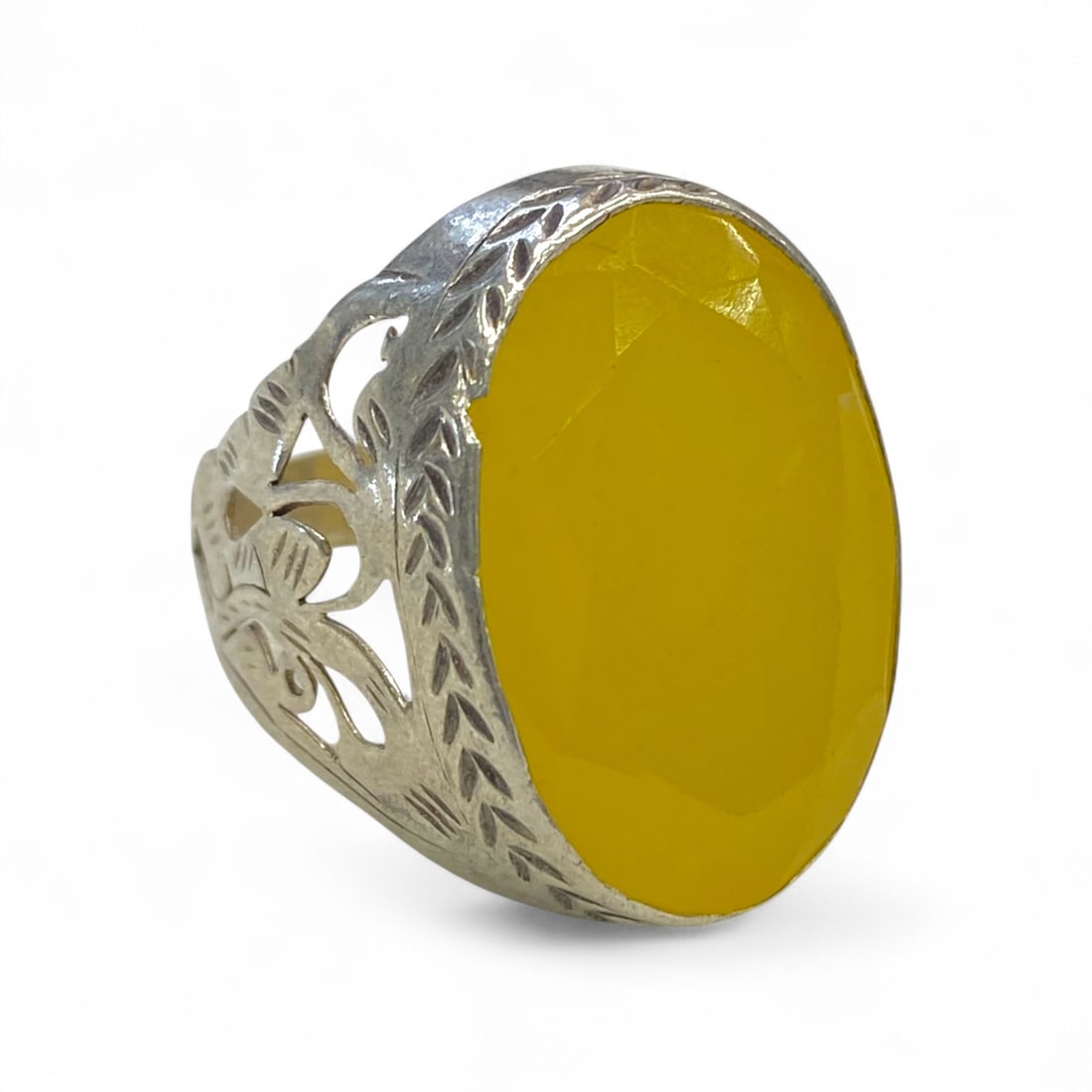 Antique Central Asian Radiant Yellow Faceted Agate Silver Filigree Ring, Early 20th Century, 9g US 9 (1 of 4)
