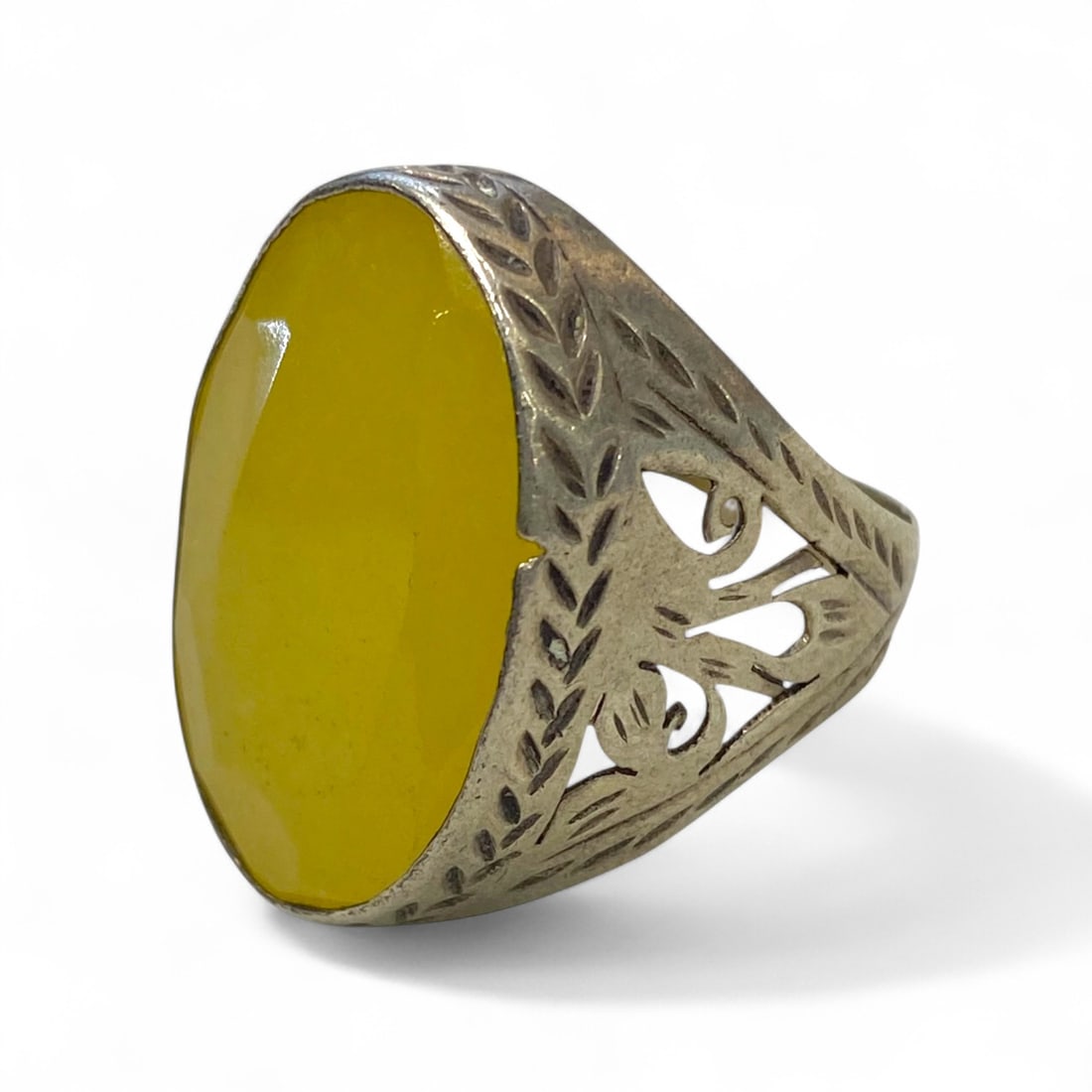 Antique Central Asian Floral Filigree Yellow Chalcedony Ring, c. Early 20th Century, 7g, US 7.5 (1 of 4)