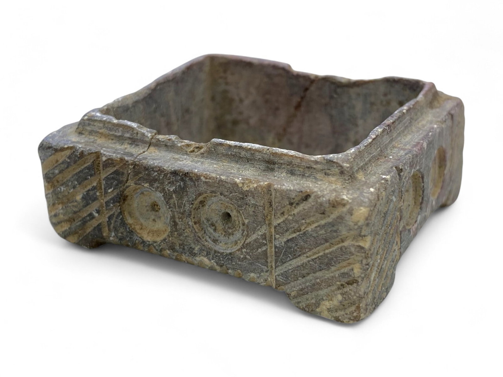 Ancient Central Asian Geometric Ritual Stone Box, c. 2nd-1st Millennium BCE, 68g: This enigmatic carved stone box likely originates from early Central Asian or Oxus Valley cultures, dating to the 2nd-1st millennium BCE. Square in form with finely incised geometric motifs and concen