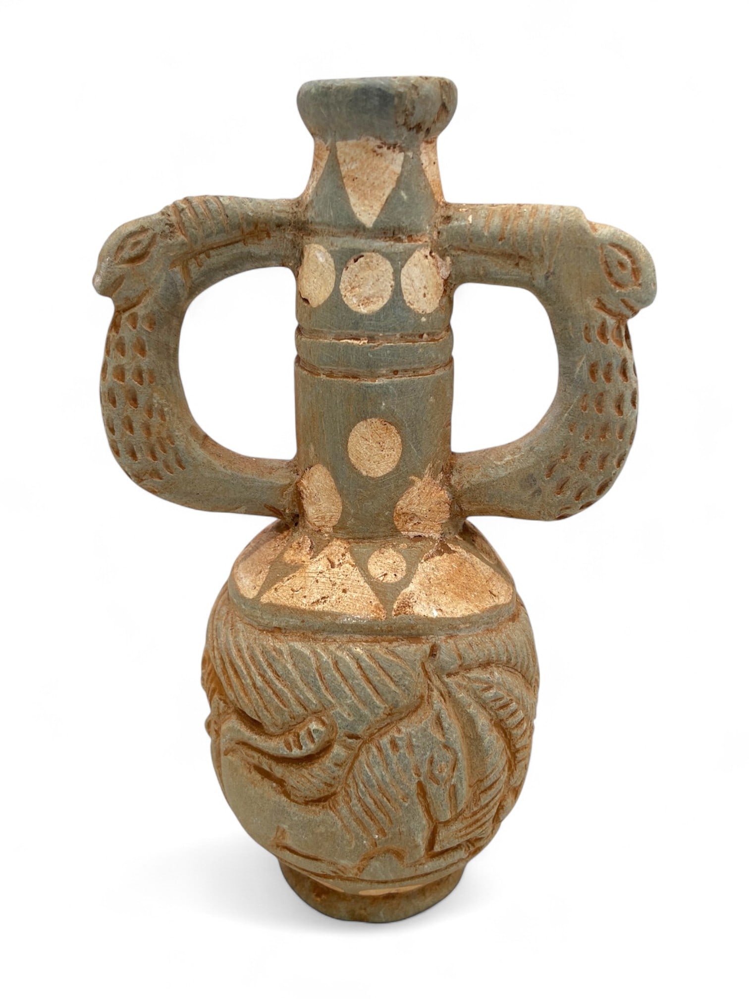 Ancient Central Asian Twin-Serpent Handle Ceramic Vessel Horse Motif, c. 1st Millennium BCE, 416g: This striking ceramic vessel, adorned with elaborate zoomorphic and geometric reliefs, likely originates from the Central Asian steppes or Oxus civilization zone, dating back to the 1st millennium BCE