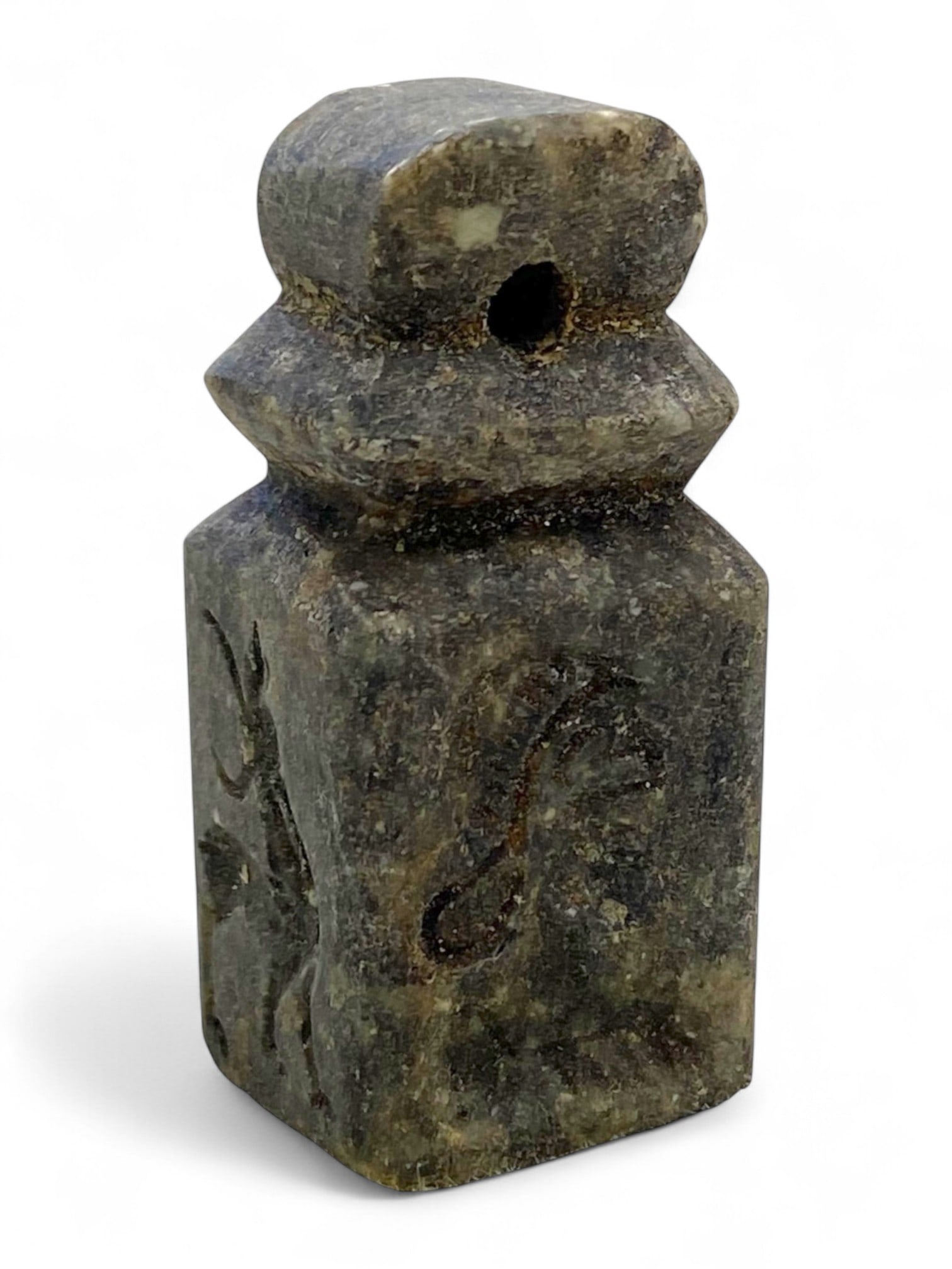 Ancient Sasanian Intaglio Stamp Seal with Inscriptions and Animal Motif, c. 3rd-6th Century CE, 4cm: This superbly formed Sasanian stamp seal, carved from a dense dark stone and weighing 39 grams (1.38 oz), stands at 4 cm (1.57 in) tall and offers an evocative link to the sophisticated administrative