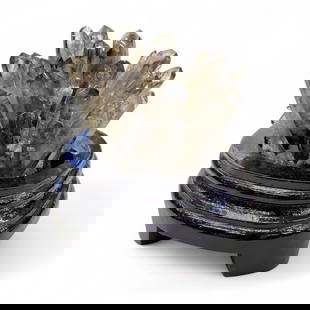 Natural Smoky Quartz Elestial Cluster on Wood Stand, Radiant Termination Points, 449g: This dramatic formation of natural smoky quartz presents a dense forest of sharply terminated crystal points, each rising from a common base in rhythmic, organic symmetry. Deep earthy grays transition