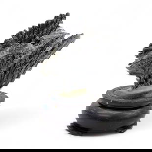 Black Kyanite Radiating Fan Formation on Base, Raw Cleavage Blades, 48g: This dramatic black kyanite specimen fans out in a natural spray of bladed crystals, forming a radiating structure reminiscent of wings or wind-swept feathers. The piece captures the untamed elegance