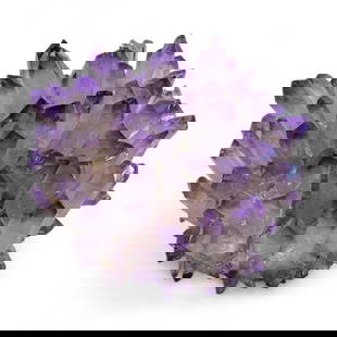Amethyst Quartz Cluster with Deep Chevron Terminations, Radiant Crown Formation, 255g: This dynamic amethyst quartz cluster bursts outward in a radial crown of sharp, tightly packed terminations - each crystal tapering to a deep violet point that gradually fades to a translucent lilac s