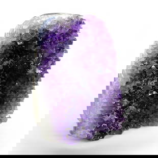 Deep Purple Amethyst Cathedral Geode with Polished Rim, Quartz-Backed Formation, 483g: This striking amethyst cathedral geode features a rich inner chamber of densely packed violet crystal points, dramatically recessed within a quartz-backed matrix shell. With its high dome-like structu
