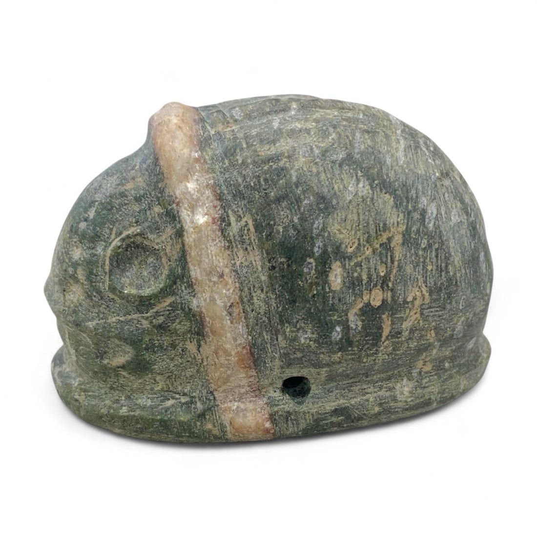 Ancient Bactrian Green Serpentine Zoomorphic Amulet in Turtle Form, c. 3rd-2nd Millennium BCE, 148g: Carved from a rich green serpentine with subtle marbling and mineral inclusions, this small yet evocative amulet represents a stylized animal-likely a turtle or similar creature-with a form both simpl