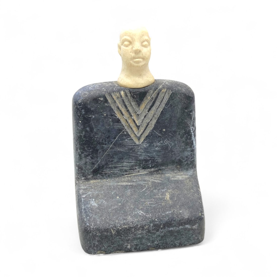 Ancient Bactrian Chevron Seated Idol, Carved Stone and Alabaster Head, c. 3rd Millennium BCE, 11cm (1 of 5)