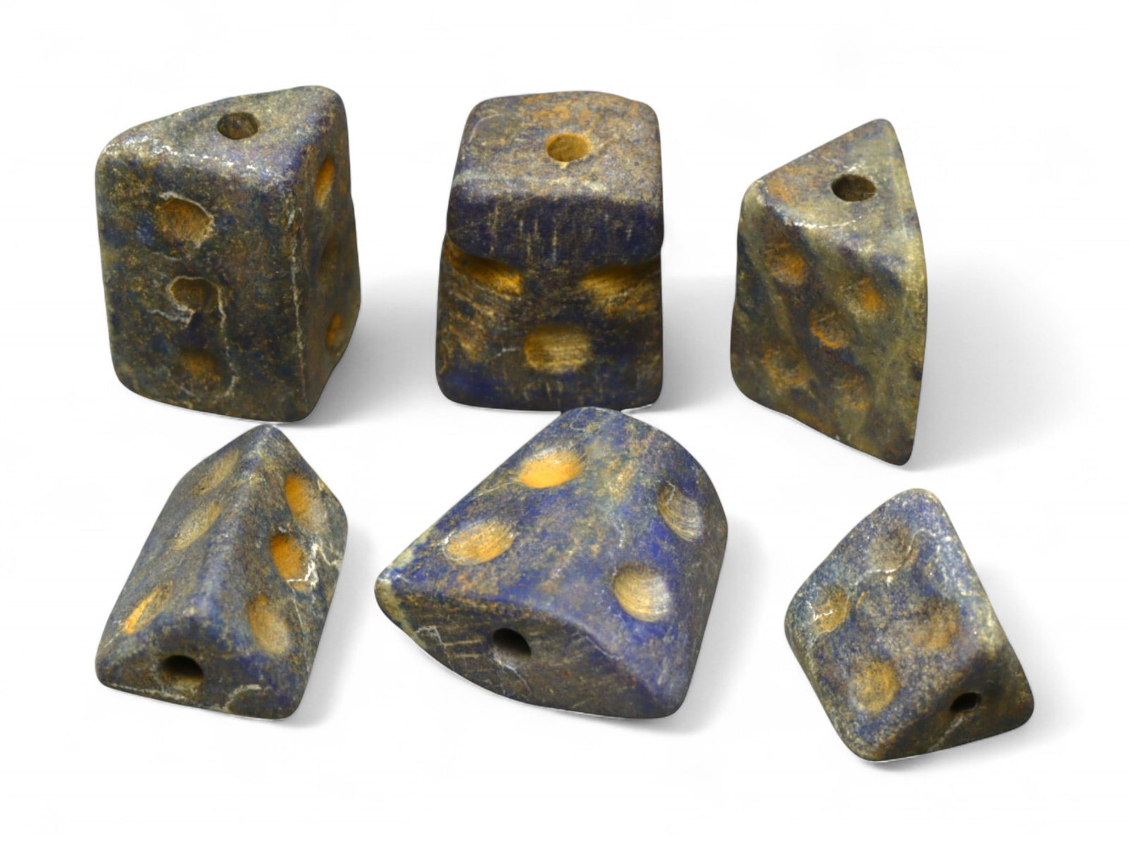 Ancient Phoenician Pyramid-Dot Lapis Lazuli Amulet Beads, c. 8th-6th Century BCE, 22g: This rare set of six Phoenician amulet beads, carved in geometric pyramidal forms and punctuated with shallow dotted impressions on each facet, dates to the Iron Age Phoenician period, circa 8th to 6t