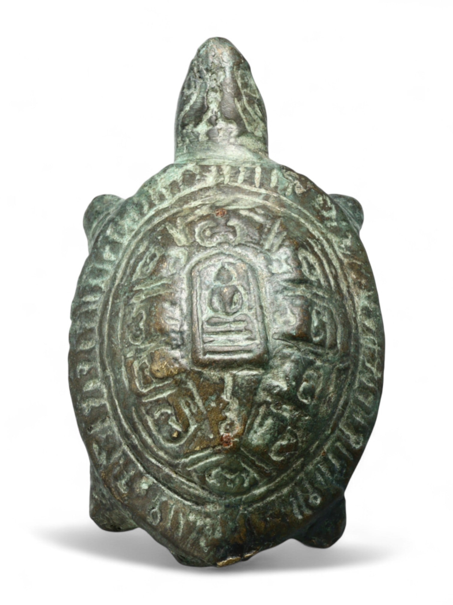 Antique Thai Talismanic Turtle Bronze Amulet with Script, c. 19th Century, 140g: This compact bronze turtle sculpture, deeply engraved with sacred script and geometric symbols across its shell, originates from 19th century Thailand and likely functioned as a talismanic or protecti