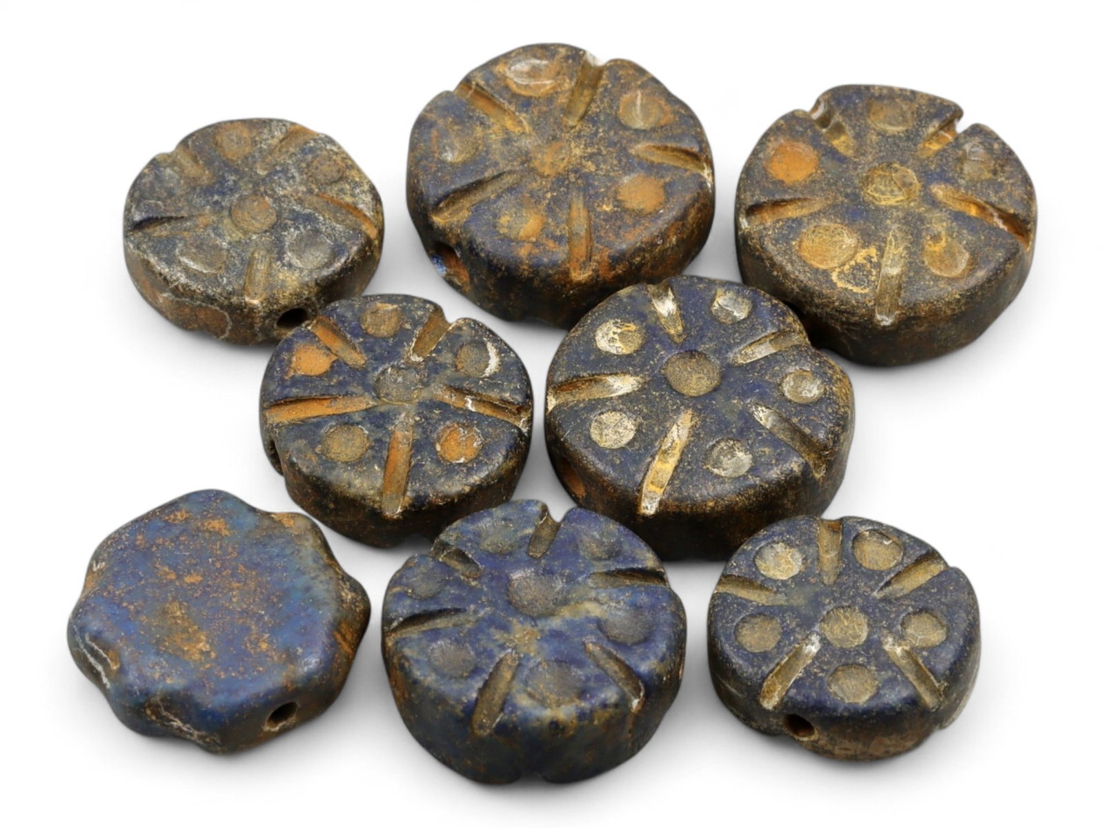 Ancient Phoenician Rosette Motif Lapis Lazuli Beads Set, c. 7th-4th Century BCE, 23g: This exceptional set of ancient Phoenician beads, carved from deep blue lapis lazuli, dates to the 7th-4th century BCE - a period when the Phoenicians dominated Mediterranean trade routes and infused 