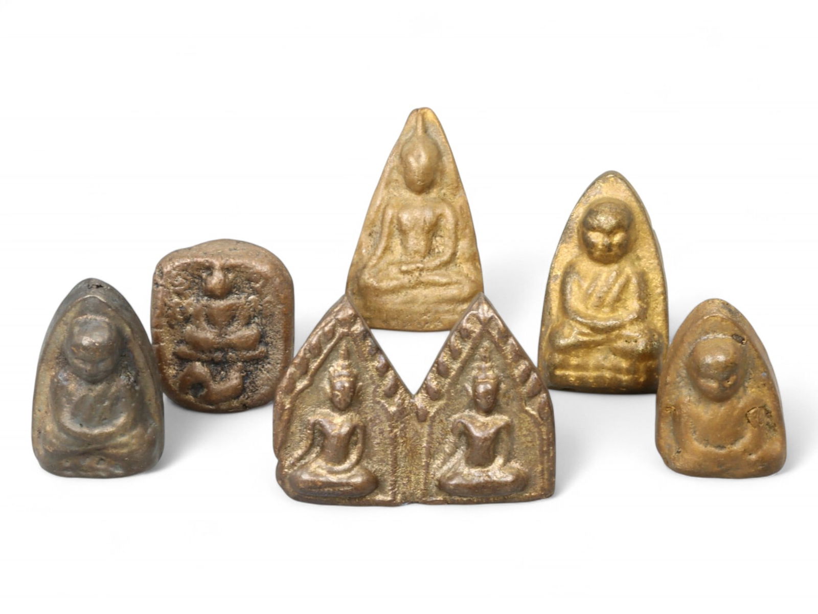 Antique Thai Bronze Miniature Buddha and Script Amulet Set, Stepped and Paired Motifs, 185g (1 of 2)
