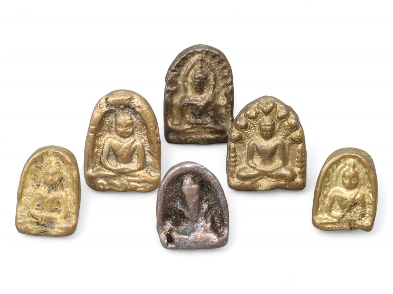 Antique Thai Bronze Miniature Buddha Amulet Set, Naga and Meditative Forms, 2.5-3cm, 177g (1 of 2)