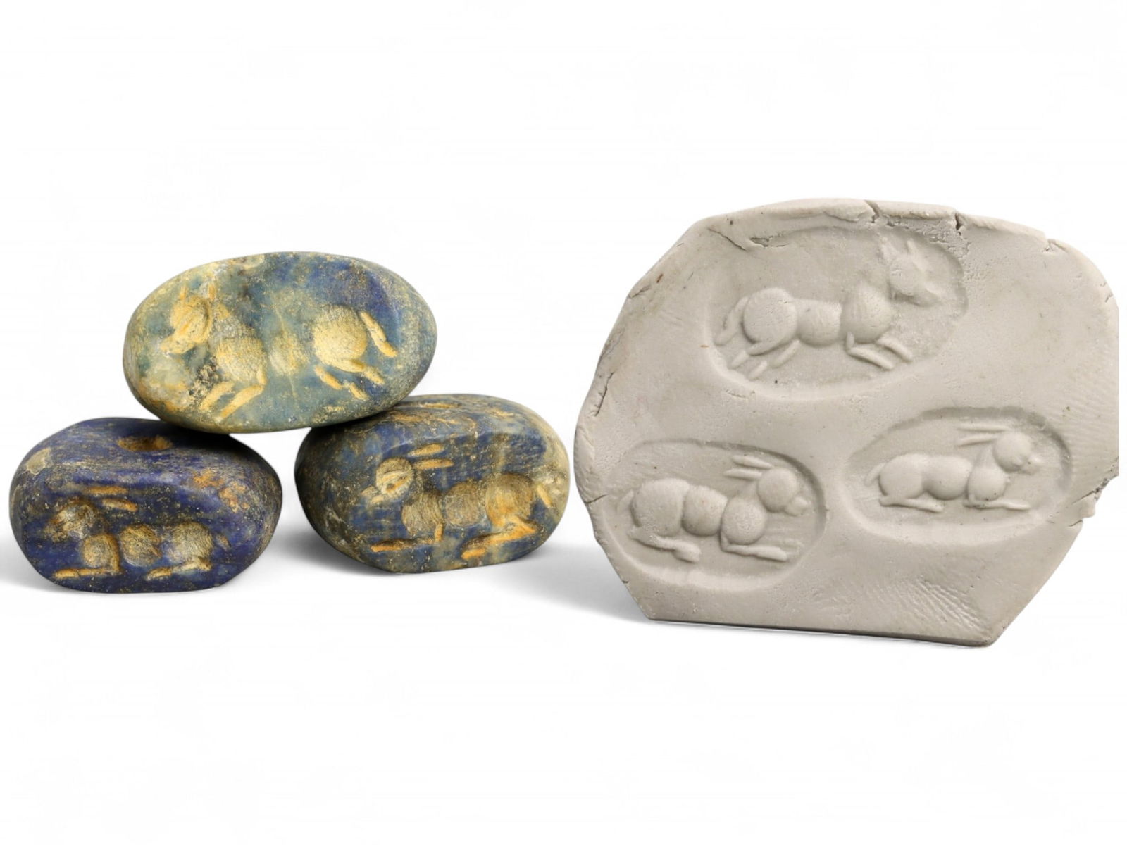 Ancient Elamite Reclining Ram Motif Lapis Lazuli Stamp Seal Trio, c. 2200-1800 BCE, 21g: This harmonious trio of hemispherical lapis lazuli stamp seals features delicately carved reclining ram motifs, a sacred animal in Elamite iconography symbolizing fertility, strength, and divine favor