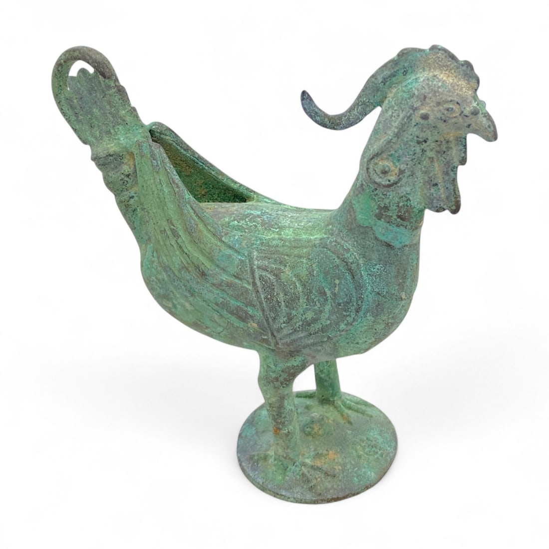 Ancient Byzantine Bronze Rooster Aquamanile, c. 9th-12th Century CE, 656g: This striking bronze aquamanile, cast in the form of a proud rooster, dates to the 9th-12th century CE and embodies the Byzantine mastery of both functional and symbolic metalwork. Aquamaniles - vesse