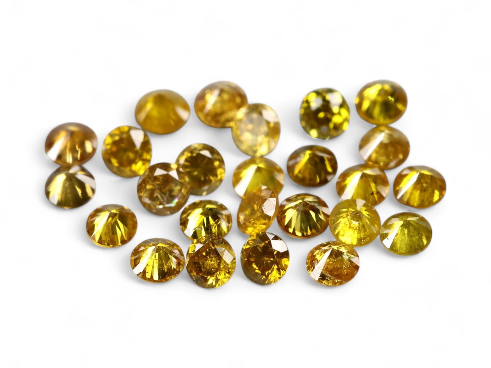 0.53 Carats Golden Yellow Diamond Round Lot - 25 Stones, 1.7 mm Each, Natural: This vibrant lot of 25 round-cut diamonds, totaling 0.53 carats, bursts with rich golden-yellow hues that radiate warmth and brilliance. Each stone is precision-cut to maximize sparkle despite its pet