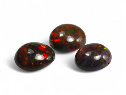 4.90 Carats Black Smoked Welo Opal Cabochon Lot - Natural Ethiopian Stones: This striking trio of black smoked Welo opals exhibits an intense play-of-color, with flashes of fiery red, neon green, and golden orange dancing vividly against their deep, smoky base. The cabochon c