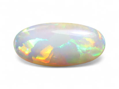 10.35 Carats Oval Welo Opal - Natural Ethiopian Stone: This luminous oval cabochon Welo opal displays a soft, milky body tone that serves as the perfect backdrop for a kaleidoscope of shifting colors. Flashes of neon green, fiery orange, vivid red, and co