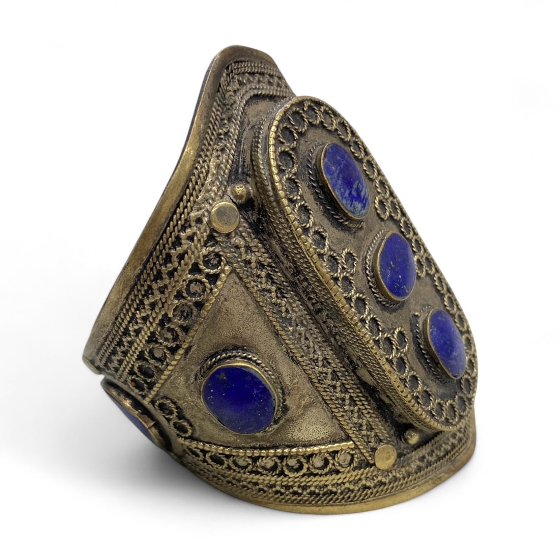 Antique Tribal Berber Lapis Lazuli Inlay Bronze Cuff Bracelet, 80g (1 of 4)