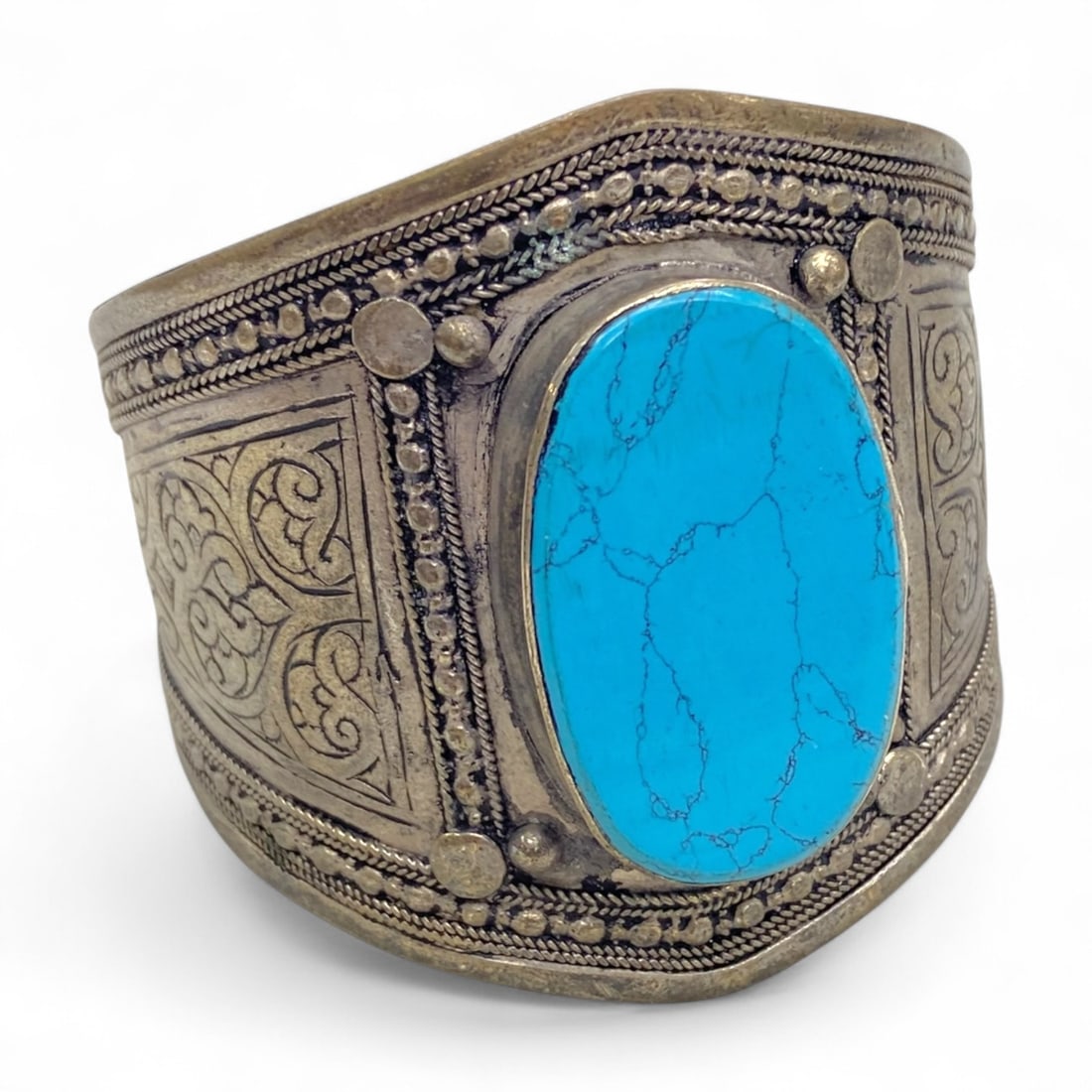 Antique Tribal Berber Turquoise Inlay Bronze Cuff Bracelet, 51g (1 of 3)