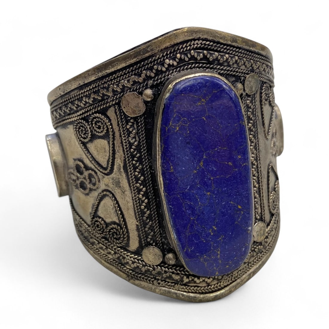 Antique Tribal Berber Lapis Lazuli Inlay Bronze Cuff Bracelet, 54g (1 of 4)