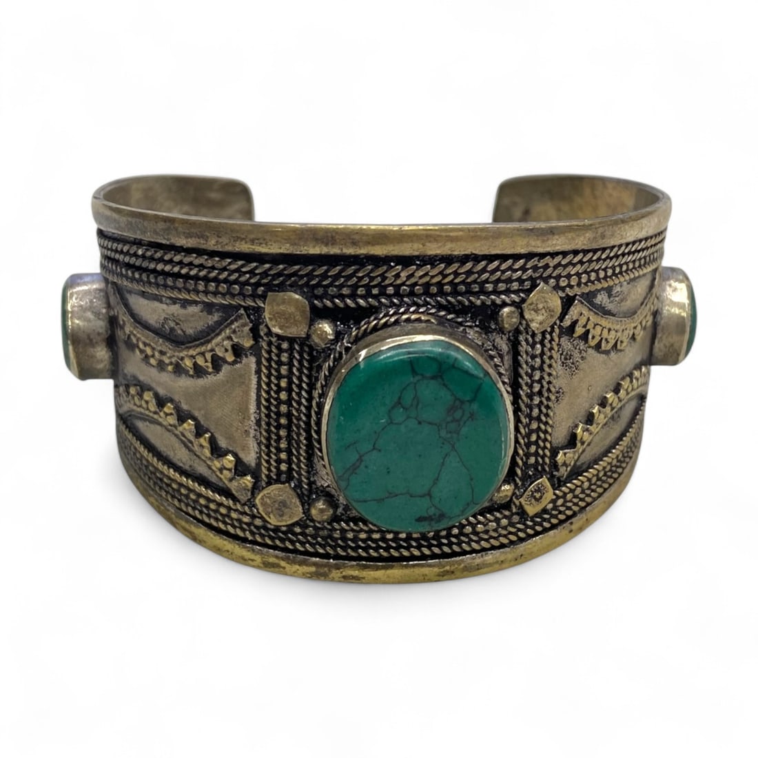 Antique Tribal Berber Green Turquoise Inlay Bronze Cuff Bracelet, 40g (1 of 4)