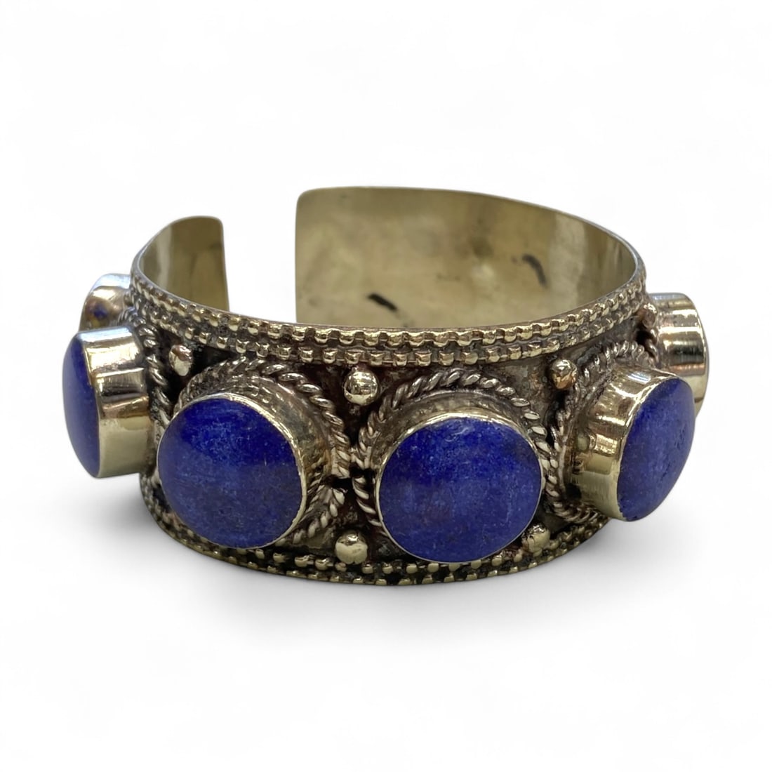 Vintage Himalayan Tribal Lapis Lazuli Silver Cuff Bracelet, mid-20th Century, 119g (1 of 3)