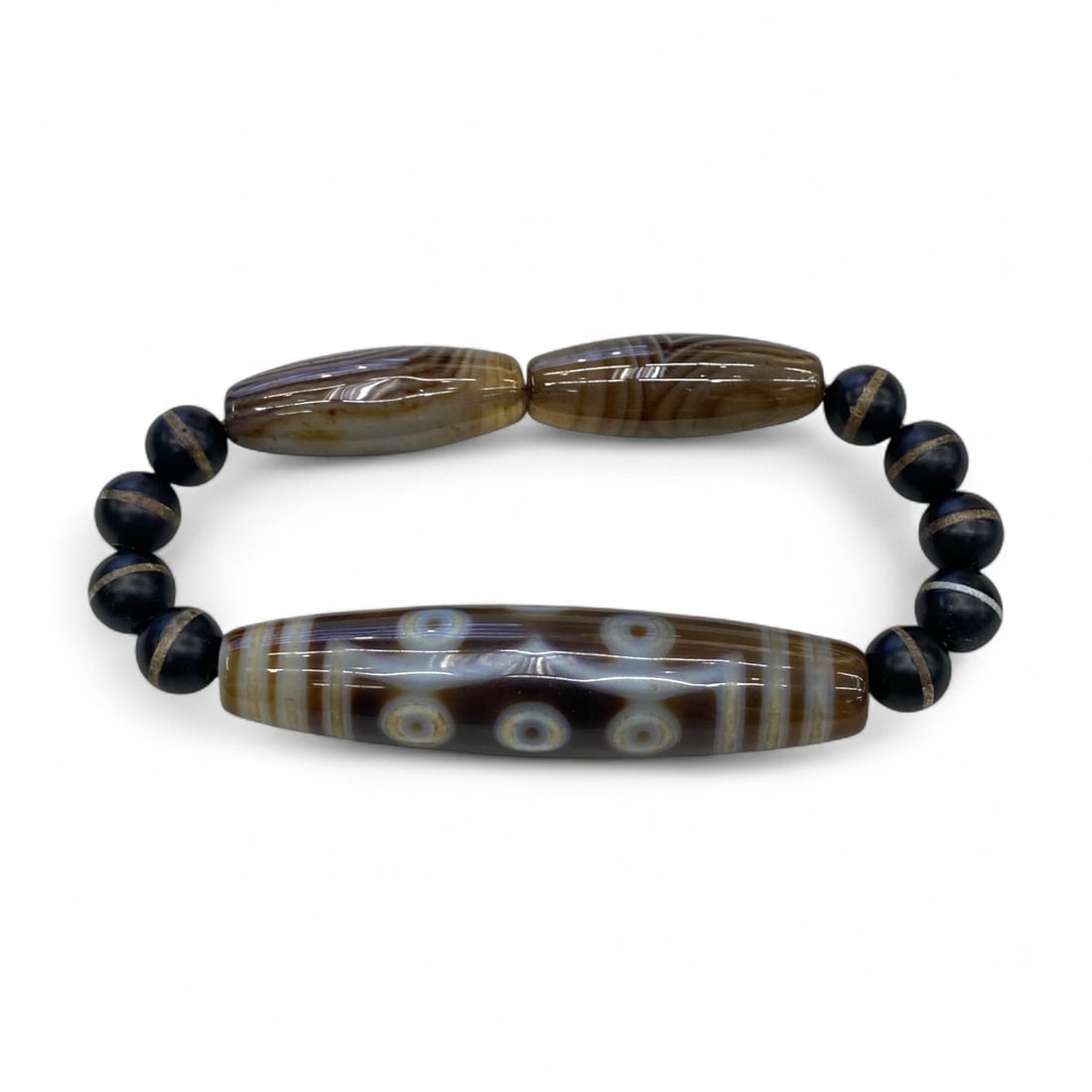 Tibetan Eyed Dzi Agate Bead Bracelet with Striped Onyx Beads, 38g (1 of 1)