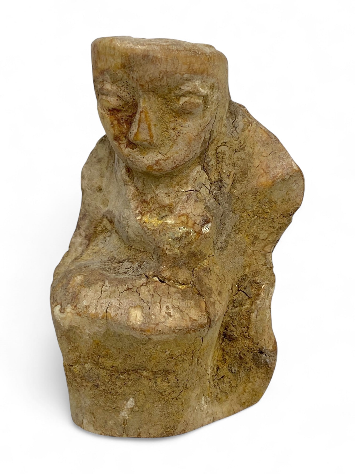 Ancient Near Eastern Seated Mother Goddess Idol in Stone, c. 3rd Millennium BCE, 65g: This evocative seated idol represents a mother goddess figure from the ancient Near East, dating to the 3rd millennium BCE-a time when fertility deities were central to agrarian societies and spiritua