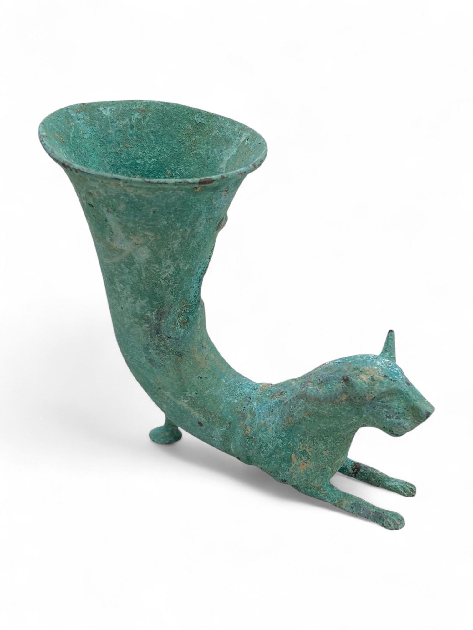 Ancient Parthian Reclining Stag Ritual Bronze Rhyton, c. 1st Century BCE - 1st Century CE, 8cm: A remarkable expression of ritual artistry, this Parthian bronze rhyton from the 1st century BCE - 1st century CE exemplifies the convergence of utility, symbolism, and zoological grace. Measuring 8 c