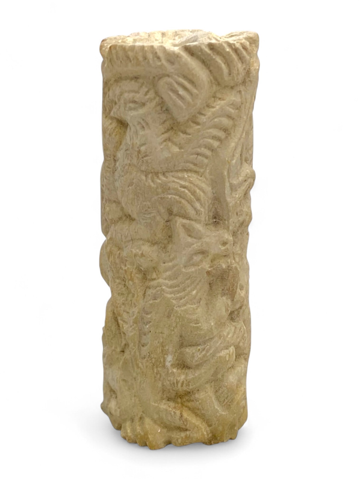 Ancient Near Eastern Heroic Combat Alabaster Cylinder Seal, c. 2nd Millennium BCE, 52g: This beautifully preserved alabaster cylinder seal, dating to the 2nd millennium BCE, exemplifies the artistic and symbolic richness of the ancient Near East. Carved from fine, pale alabaster and meas