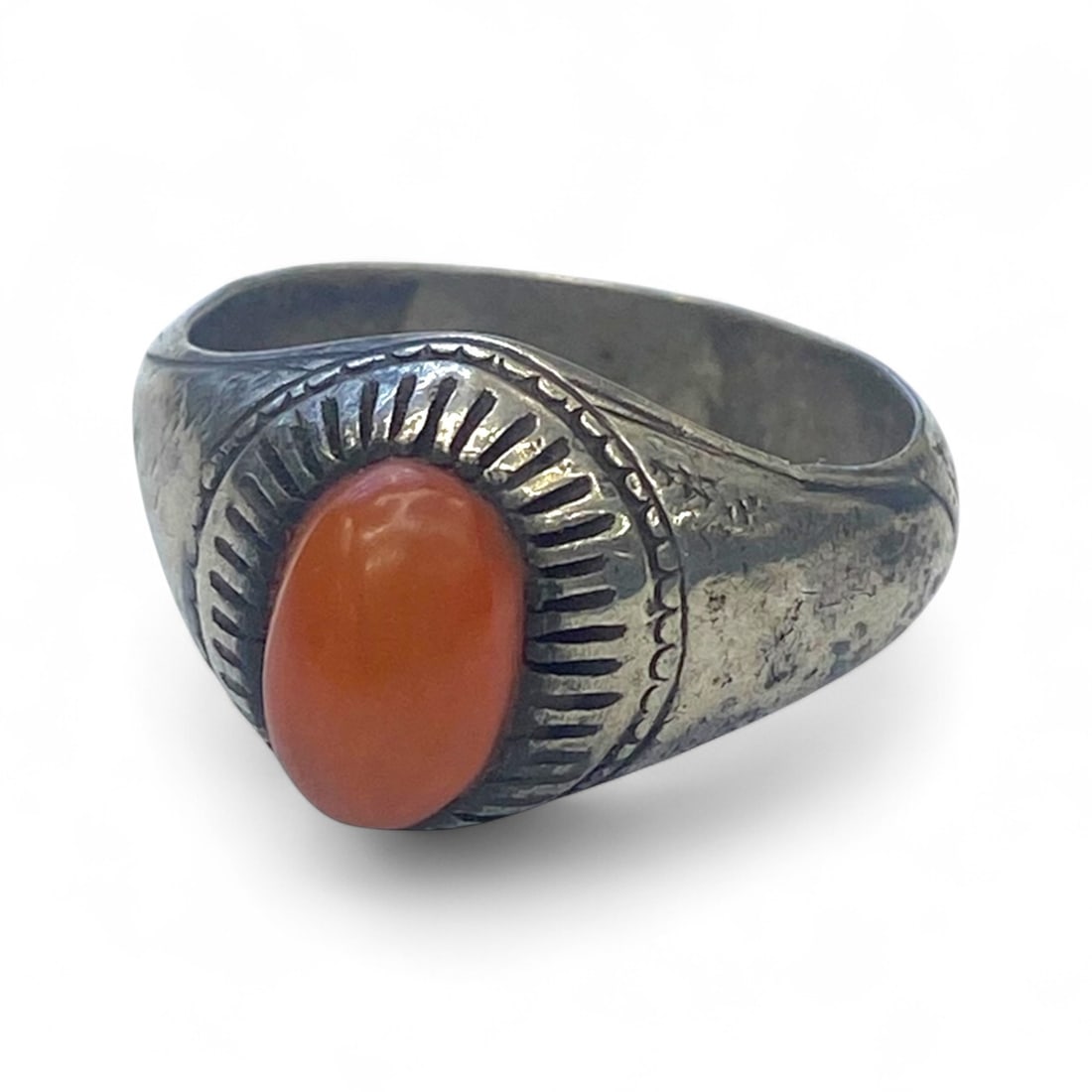 Antique Mid-20th Century Silver Ring with Orange Carnelian and Radiant Bezel Design, 9g (1 of 4)