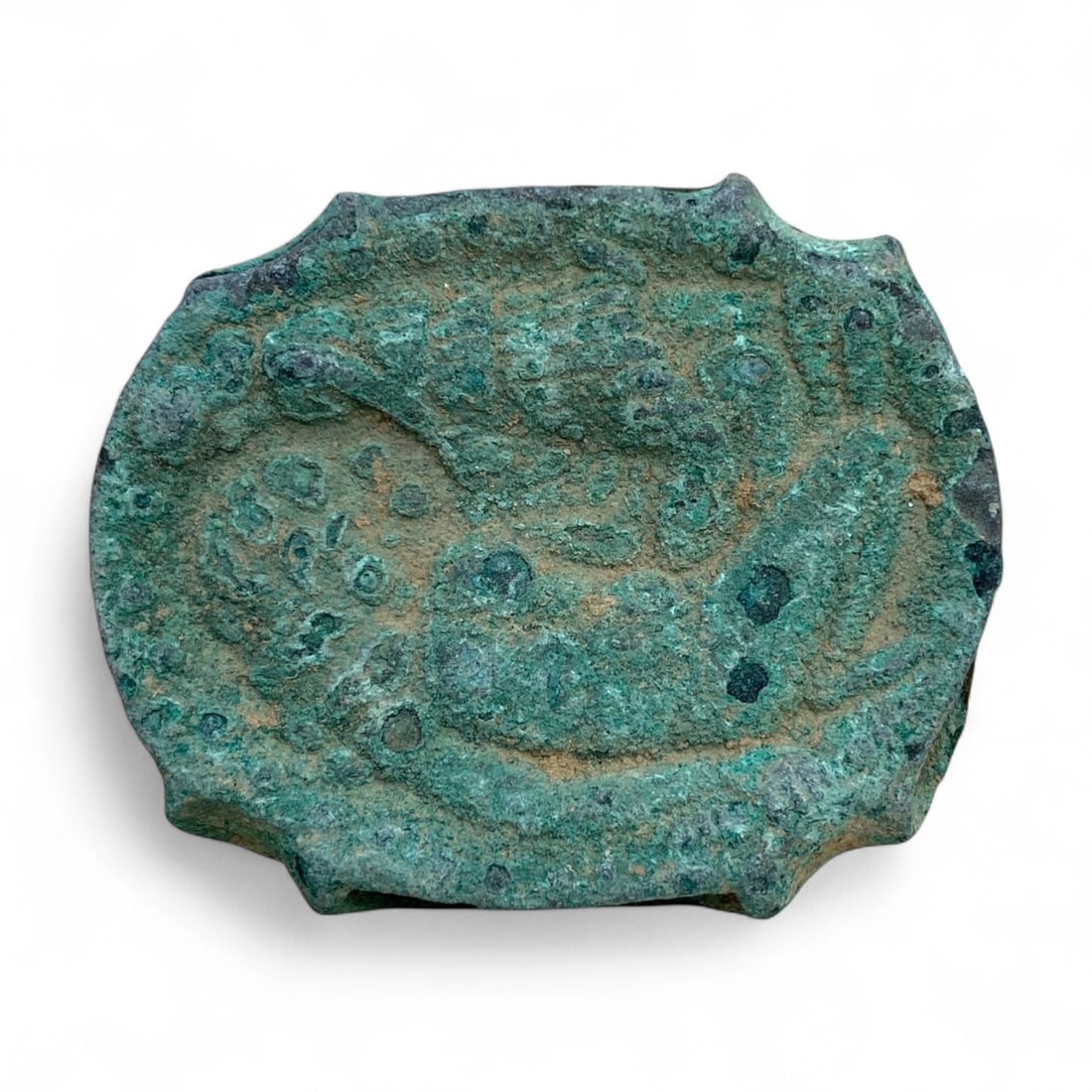 Ancient Byzantine Bronze Belt Buckle with Stylized Eagle Motif, c. 10th-12th Century CE, 68g: This small yet evocative bronze belt buckle, dating to the 10th-12th century CE, showcases the Byzantine mastery of combining functionality with symbolic artistry. Oval in form with subtly scalloped e