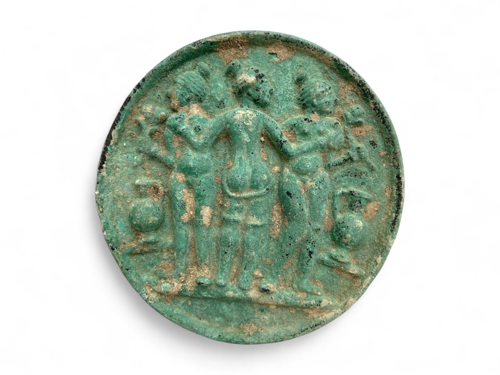 Ancient Greco-Roman Three Graces Symbolic Bronze Plaque, c. 2nd-4th Century CE, 431g: This captivating bronze plaque, measuring 13 cm in diameter and weighing 431 grams, depicts one of the most beloved motifs of classical antiquity-the Three Graces. Symbolizing beauty, charm, and ferti