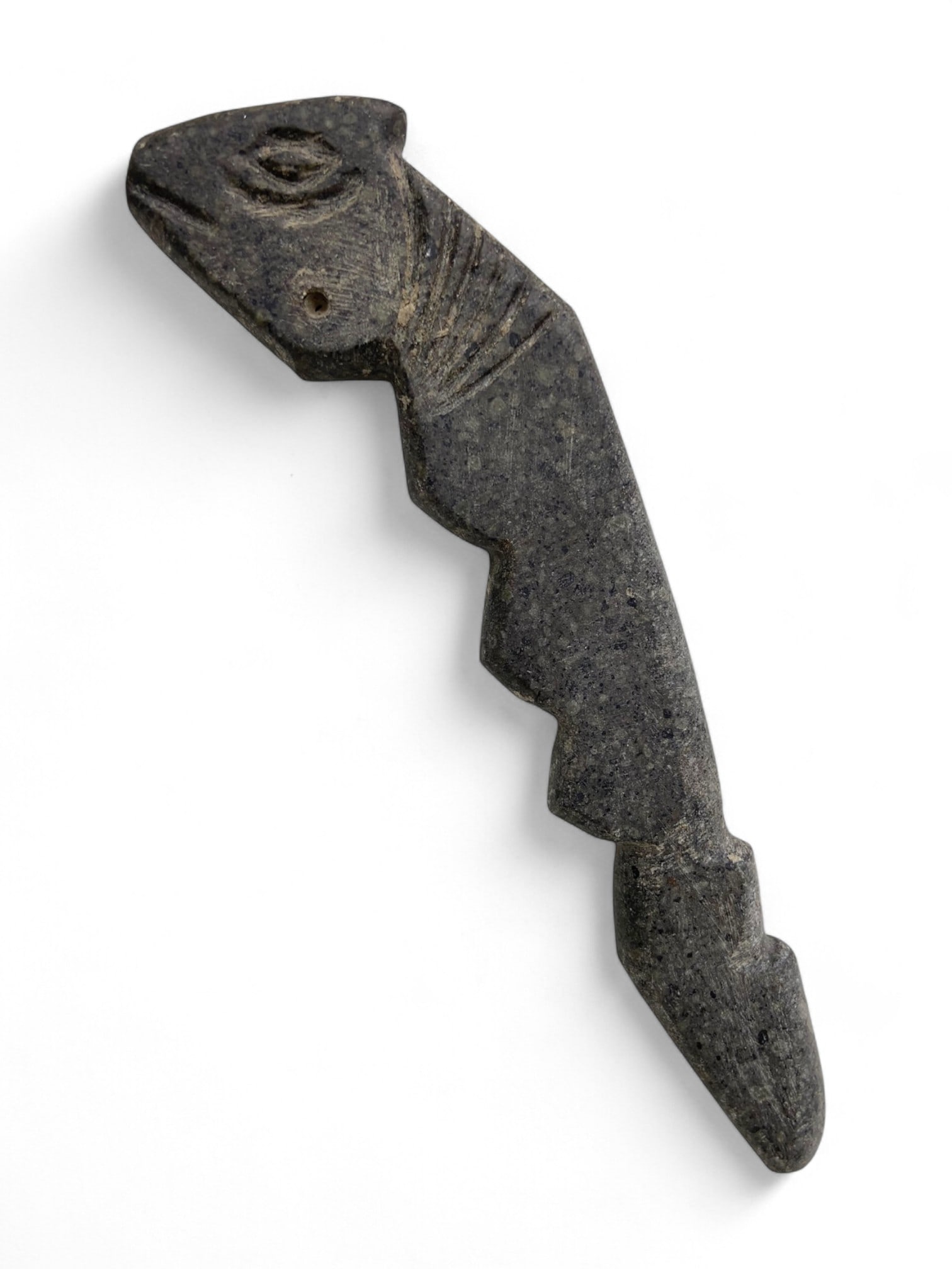 Ancient Bactrian Serpent-Form Steatite Amulet with Eye Motif, c. 3rd-2nd Millennium BCE, 13cm: This intriguing amulet, carved from dark steatite and weighing 57 grams, is a striking example of Bactrian symbolic craftsmanship from the early Bronze Age. Measuring 13 cm in length, the amulet is st