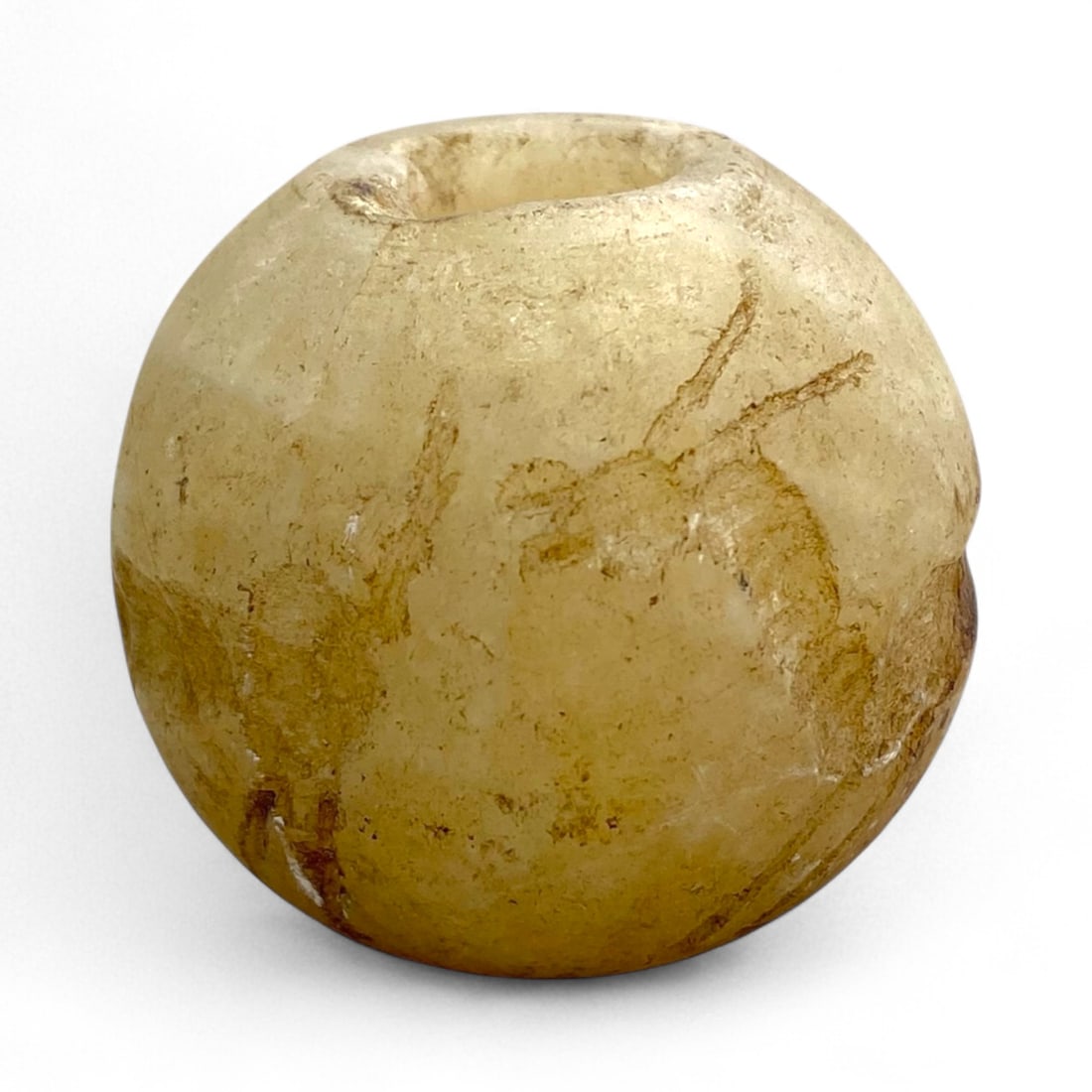 Ancient Near Eastern Gazelle Motif Alabaster Bead Seal, Sphere Form, c. 2nd Millennium BCE, 77g: This remarkable alabaster bead seal from the ancient Near East embodies both the elegance of glyptic artistry and the symbolic power of zoomorphic motifs central to early Mesopotamian and Elamite cult