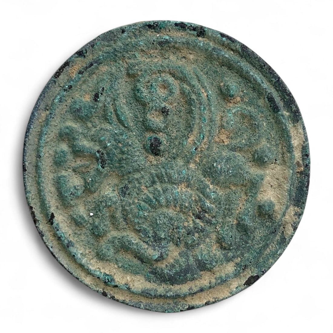 Ancient Byzantine Bronze Circular Stamp Seal with Bust Motif, c. 6th-9th Century CE, 36g: This circular bronze stamp seal, measuring 4.6 cm (1.81 inches) in diameter and weighing 36 grams (1.27 ounces), dates from the Byzantine Empire between the 6th and 9th century CE. Cast in low relief 