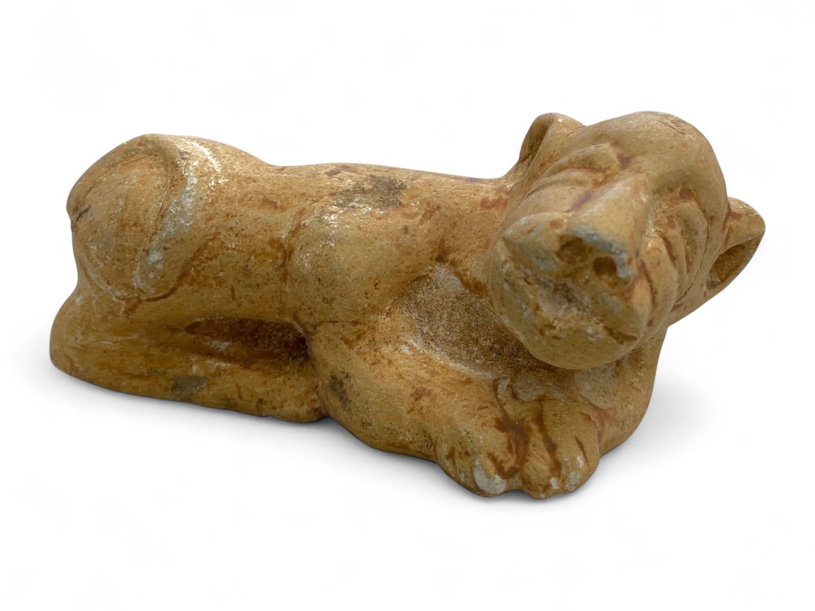 Ancient Near Eastern Reclining Lion Carving in Alabaster, c. 2nd-1st Millennium BCE, 152g: This evocative carving of a reclining lion, sculpted from warm-toned alabaster, is a rare example of ancient Near Eastern animal iconography dating between the 2nd and 1st millennium BCE. Weighing 152