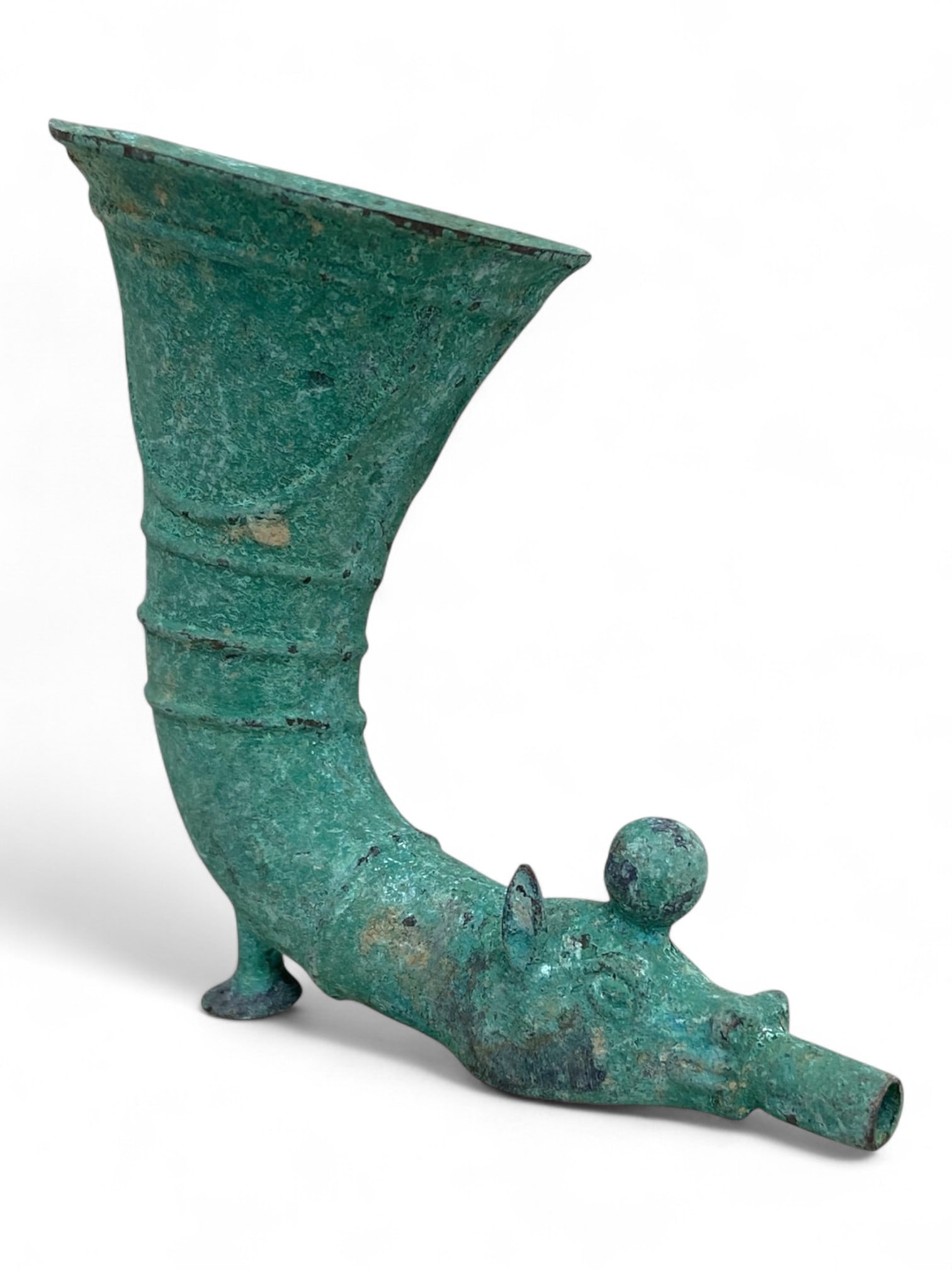 Ancient Parthian Zoomorphic Bronze Rhyton Vessel with Bull-Head Terminal, 2nd Century CE, 109g: This elegant Parthian bronze rhyton, cast in a characteristic horn shape with a zoomorphic bull-head terminal, dates to approximately the 1st century BCE to 2nd century CE. Measuring 9 x 8 cm (3.54 x 