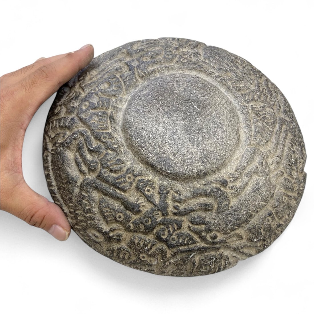 Ancient Jiroft Serpent and Bird Cosmos Schist Bowl Base, c. 3rd Millennium BCE, 1745g: This compelling stone artifact from ancient Jiroft represents the base of a ritual bowl, masterfully carved from dense schist and weighing an impressive 1745 grams (3.85 pounds). Measuring 23 cm (9 in