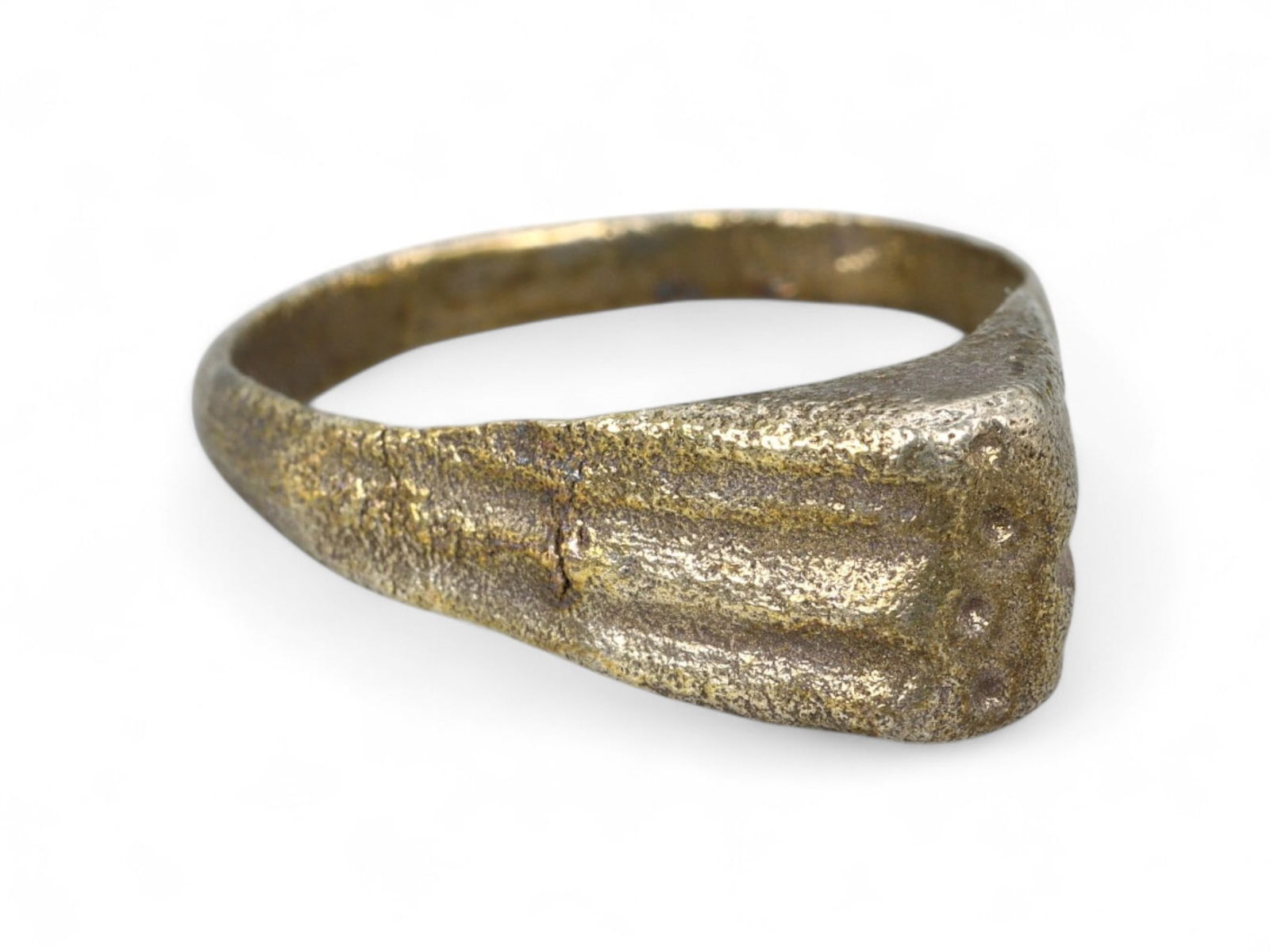 Ancient Medieval Byzantine Tri-Dot Bezel Bronze Ring with Gilding, 10th-12th Century CE, US 7, 3.8g (1 of 3)